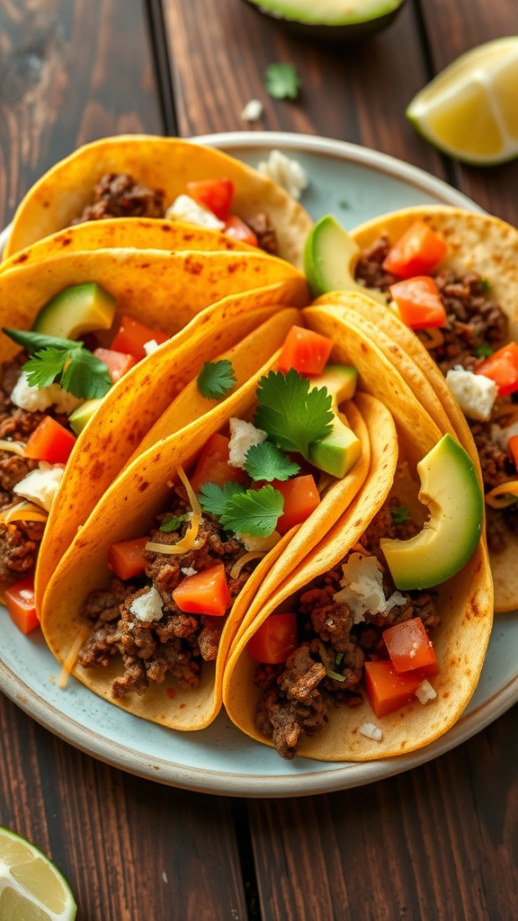 Delicious Beef Tacos with Fresh Toppings A colorful plate of beef tacos with lettuce, tomatoes, avocado, and lime on a rustic table.